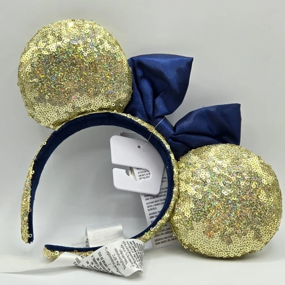Disney Gold Sequin EARidescent Blue Bow 50th Anniversary Minnie Ear Headband